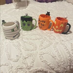 Halloween Themed Ceramic Mug Set - Mummy, Frankenstein, Cat, Pumpkin